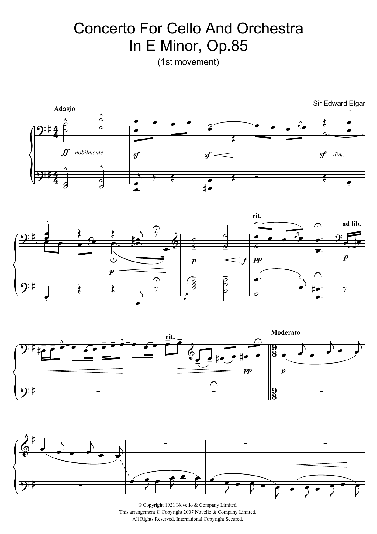 Download Edward Elgar Concerto For Cello And Orchestra In E M Sheet Music