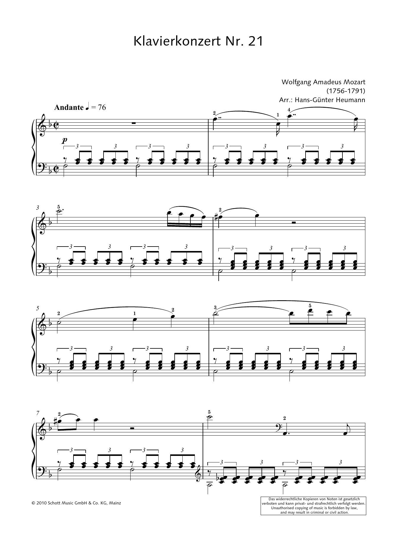 Download Wolfgang Amadeus Mozart Concerto for Piano and Orchestra No. 21 Sheet Music