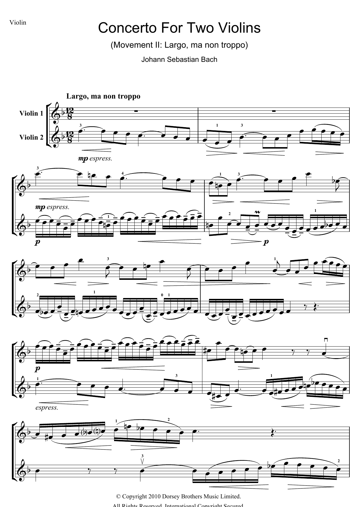 Download Johann Sebastian Bach Concerto for Two Violins (2nd Movement: Sheet Music