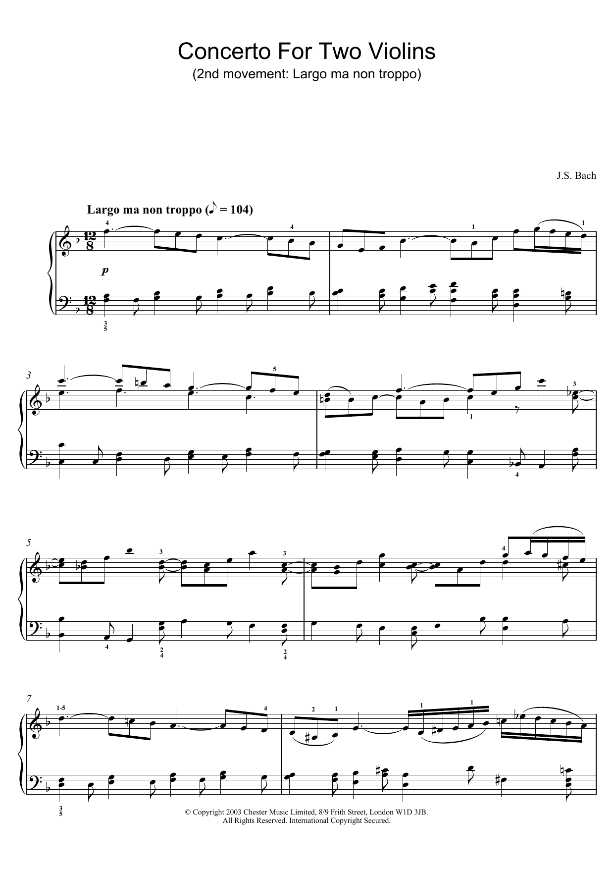 Download Johann Sebastian Bach Concerto For Two Violins (2nd movement: Sheet Music