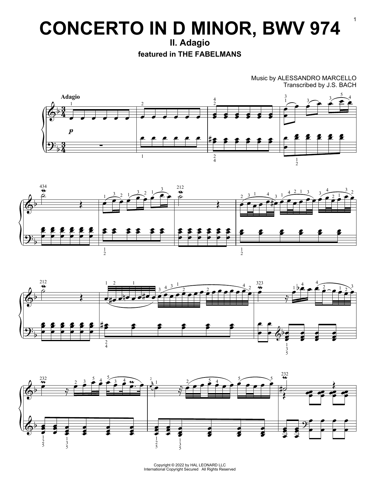Download Alessandro Marcello Concerto In D Minor, BWV 974 (II: Adagi Sheet Music