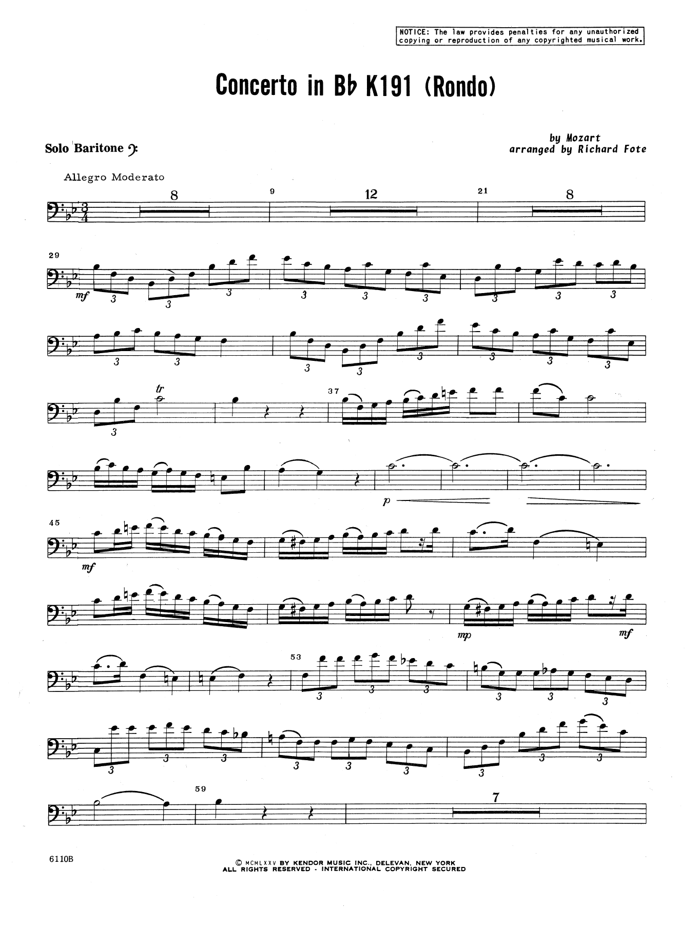 Download Richard Fote Concerto In Bb K191 (Rondo) - Baritone Sheet Music