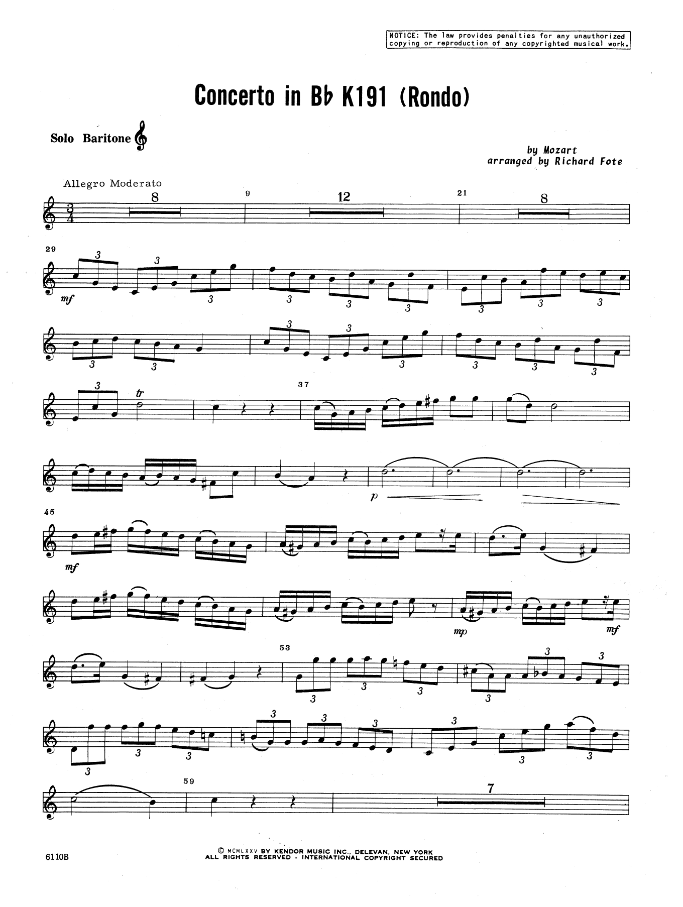 Download Richard Fote Concerto In Bb K191 (Rondo) - Baritone Sheet Music