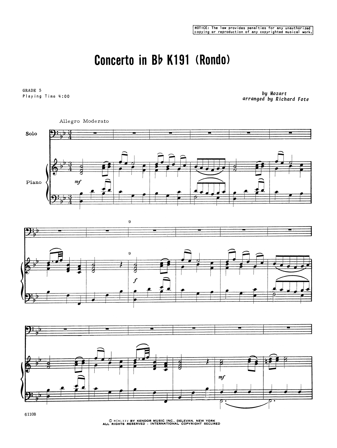 Download Richard Fote Concerto In Bb K191 (Rondo) - Piano Acc Sheet Music
