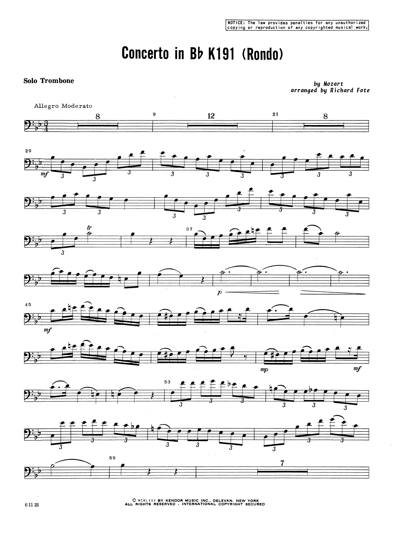 Download Wolfgang Amadeus Mozart Concerto In Bb K 191 (Rondo) - Trombone Sheet Music