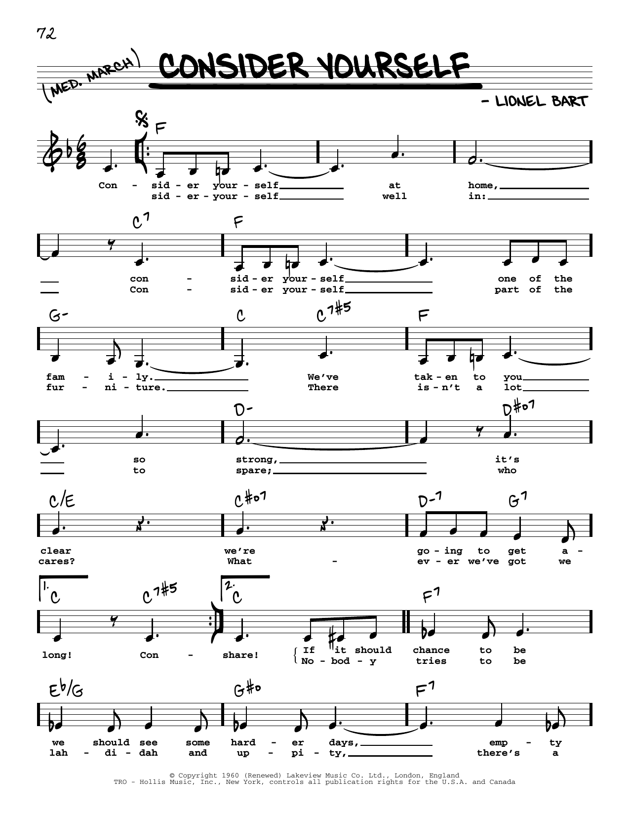 Download Lionel Bart Consider Yourself (Low Voice) (from Oli Sheet Music