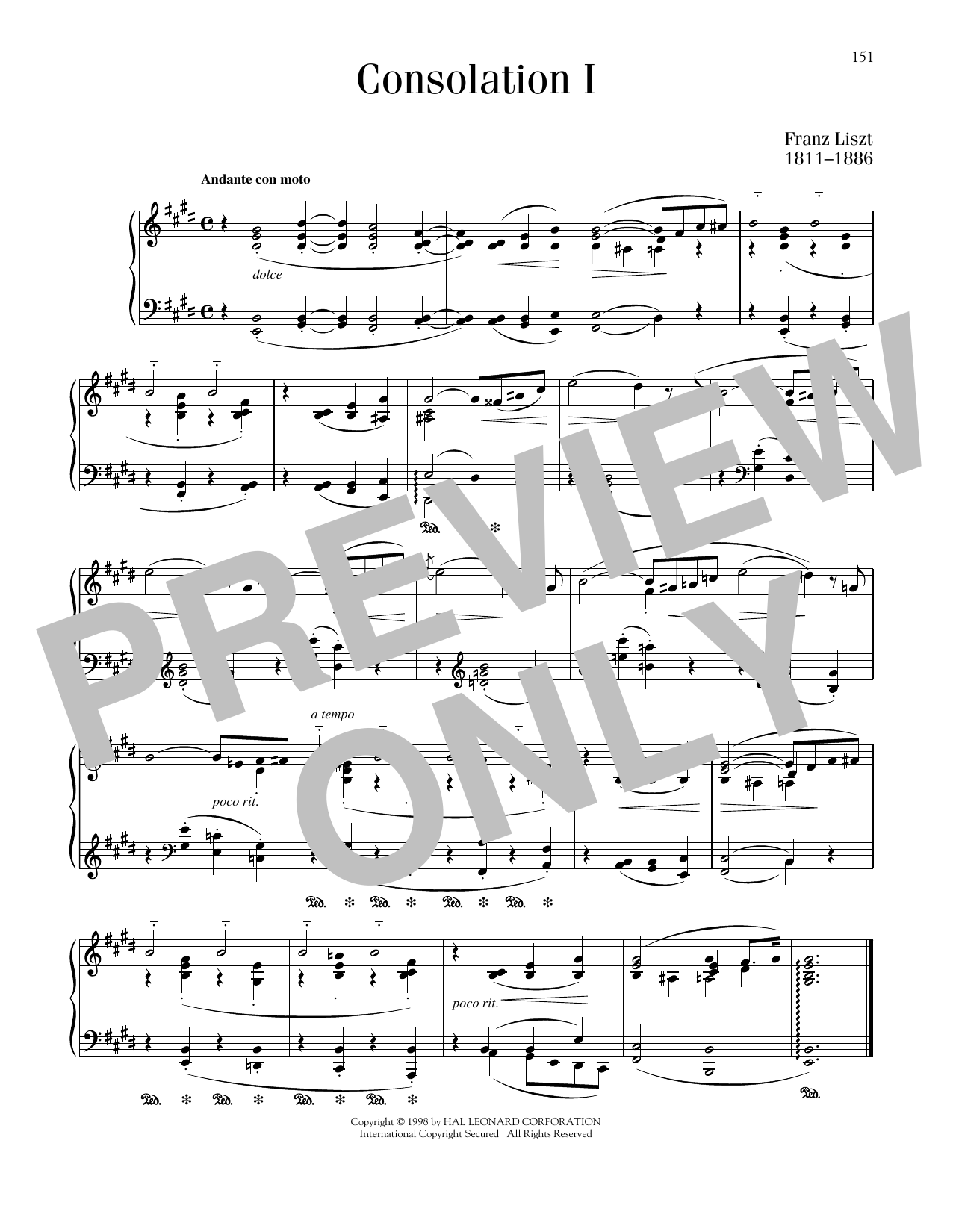 Franz Liszt Consolation No. 1 In E Major sheet music notes printable PDF score