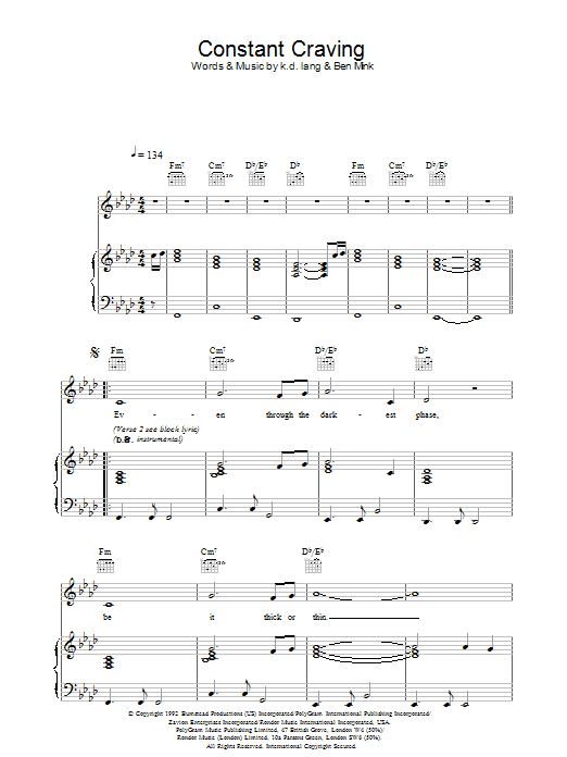 k.d. lang Constant Craving sheet music notes printable PDF score
