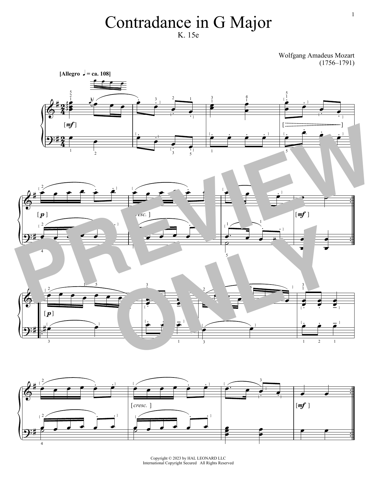 Download Wolfgang Amadeus Mozart Contradance In G Major, K. 15e Sheet Music