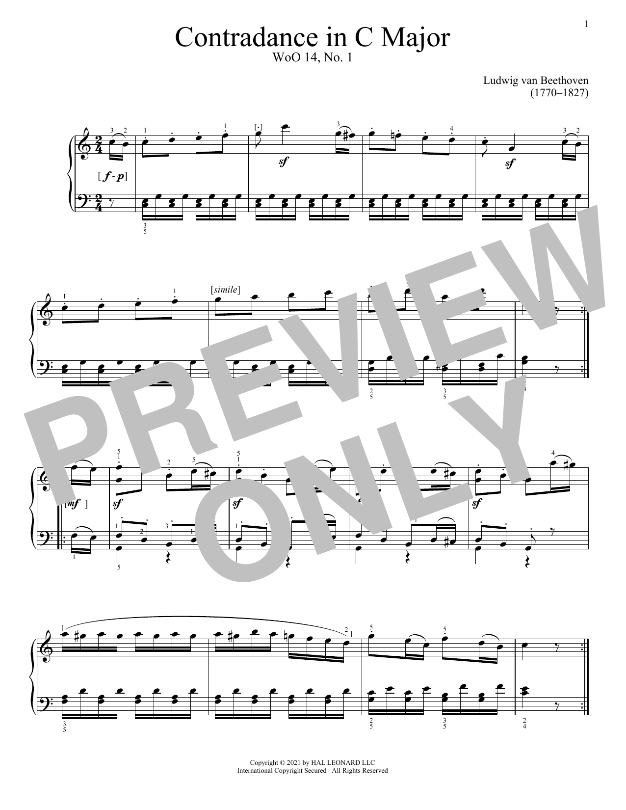 Download Ludwig van Beethoven Contredance In C Major, WoO 14, No. 1 Sheet Music