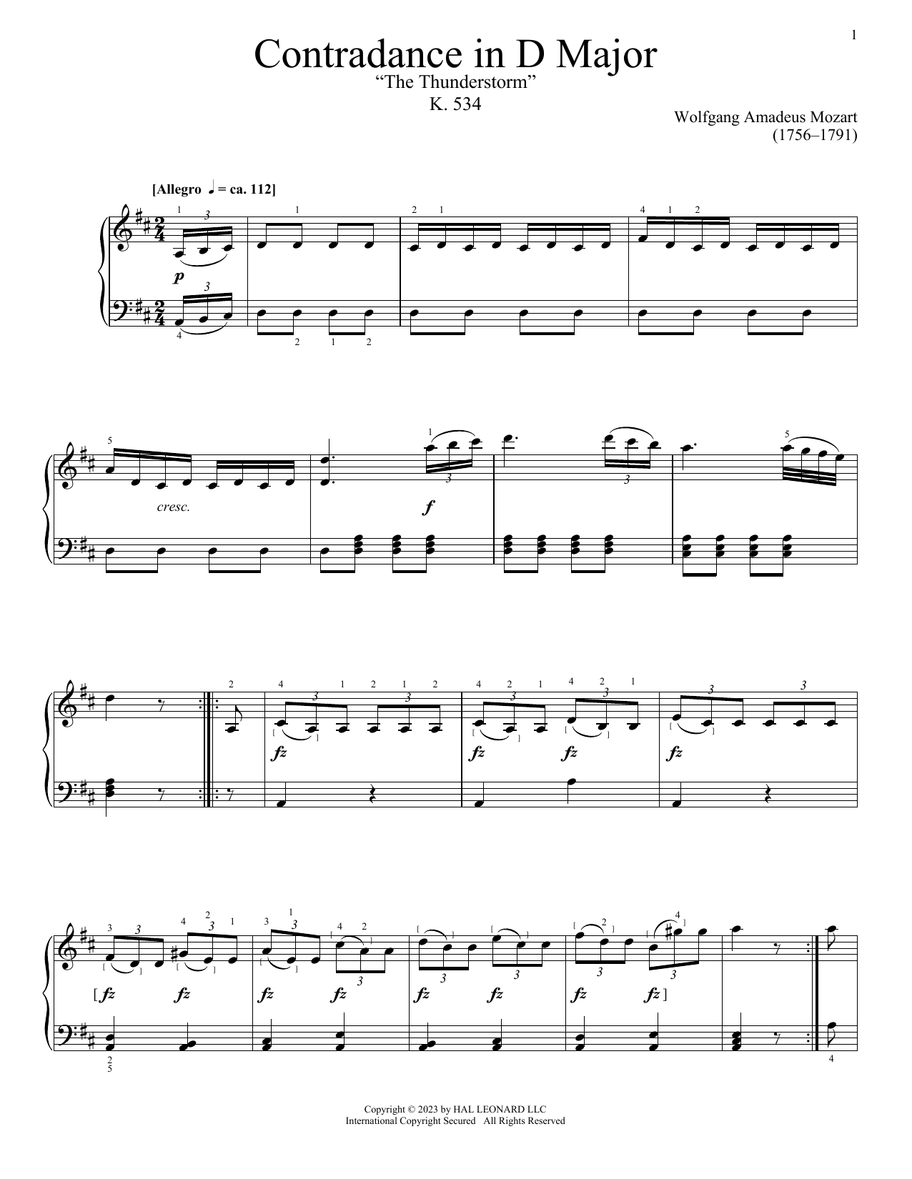 Download Wolfgang Amadeus Mozart Contredance In D Major, K. 534 Sheet Music