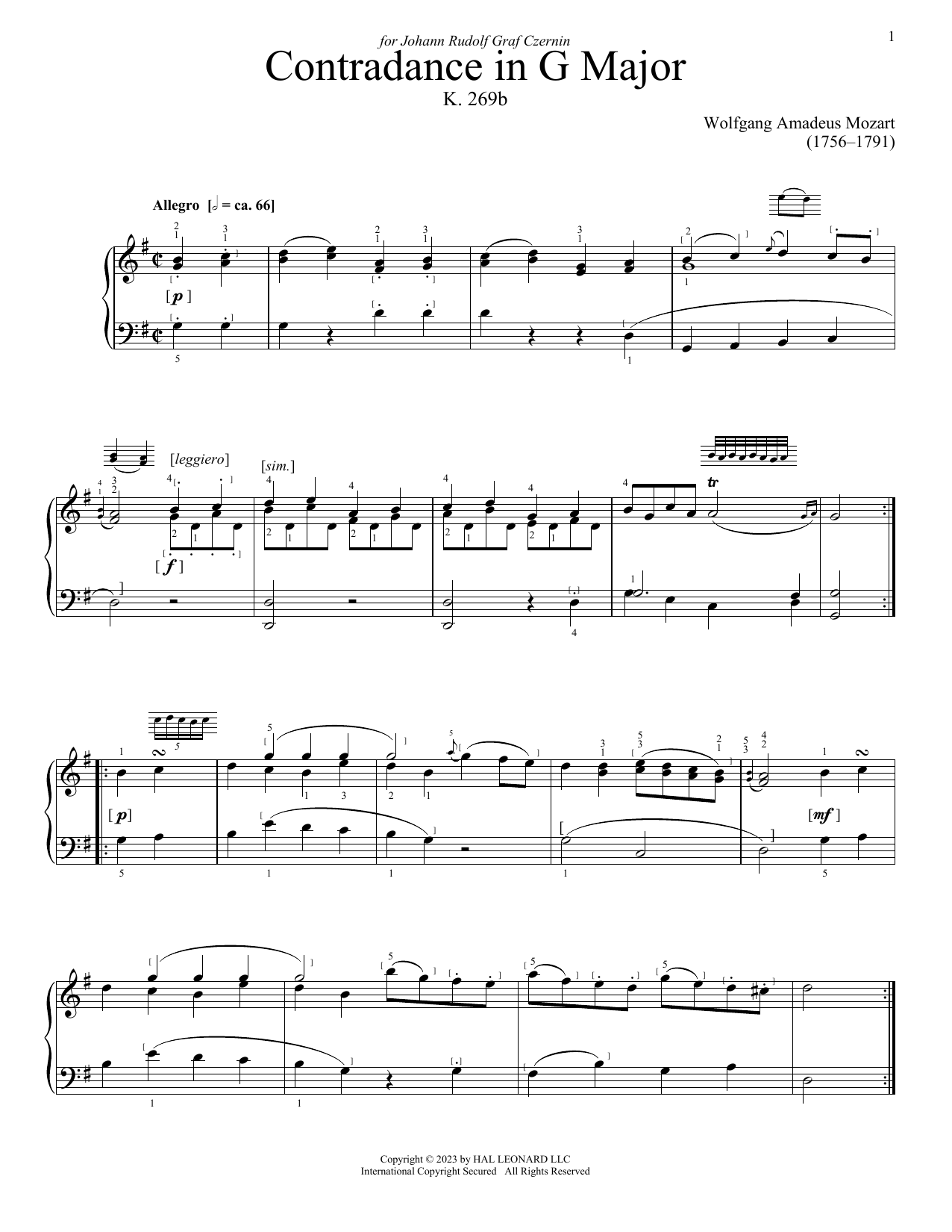 Download Wolfgang Amadeus Mozart Contredance Sheet Music