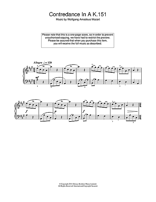 Download Wolfgang Amadeus Mozart Contredance In A K.151 Sheet Music