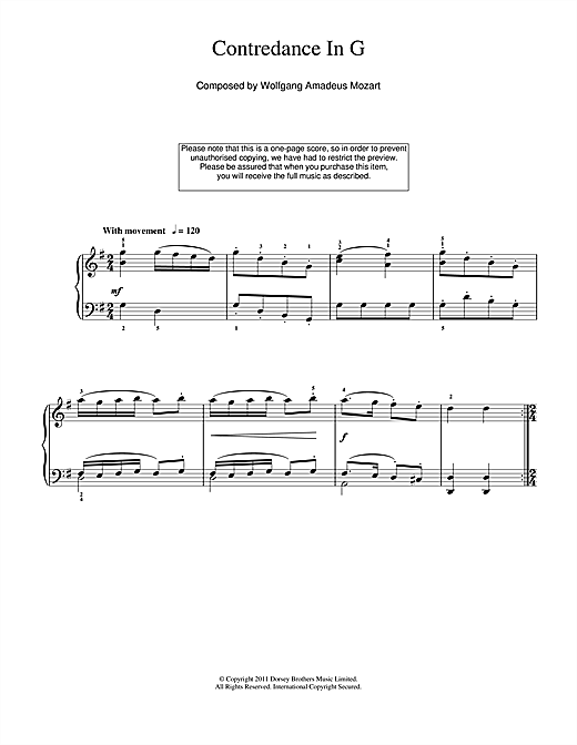 Download Wolfgang Amadeus Mozart Contredance In G Sheet Music