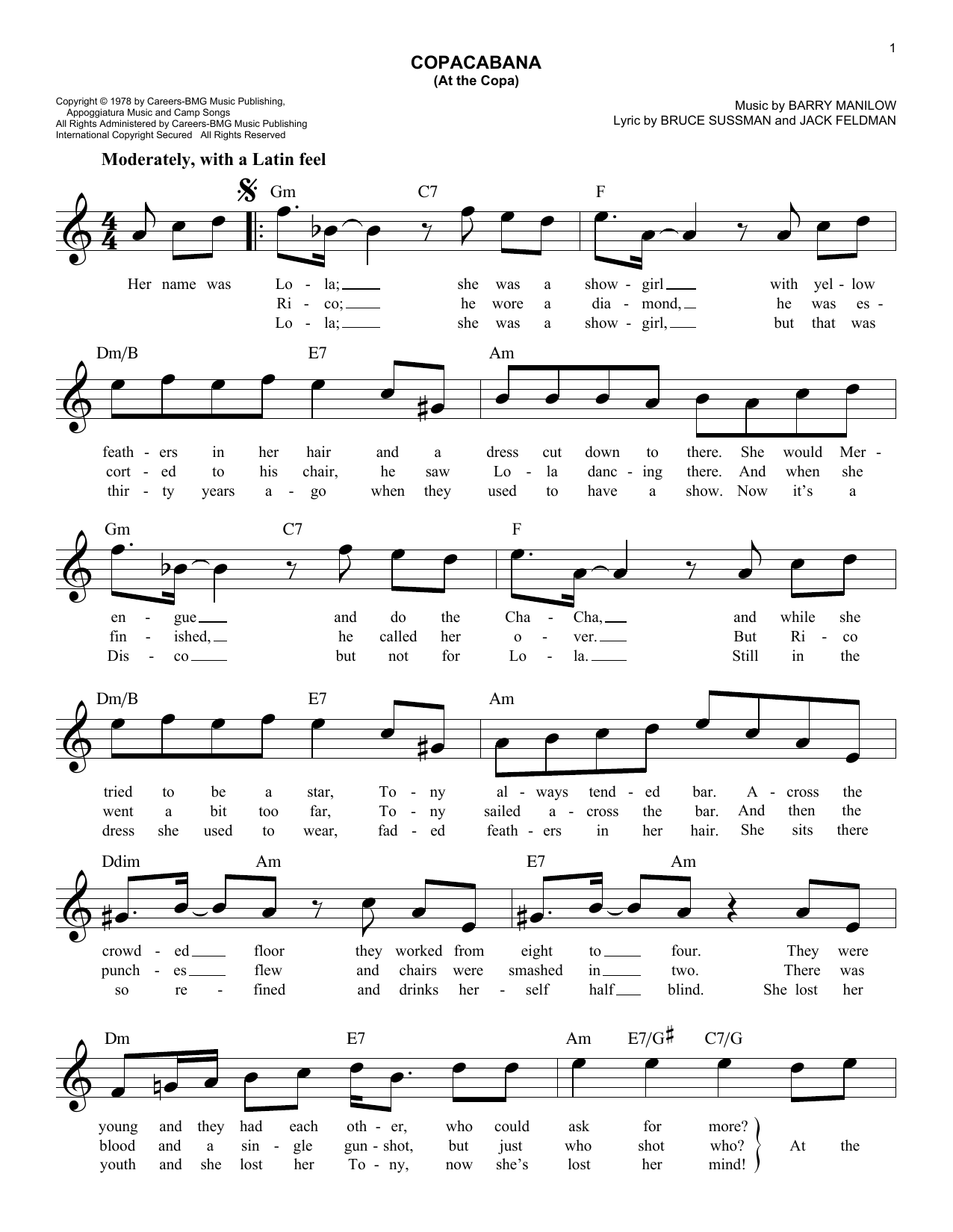 Download Barry Manilow Copacabana (At The Copa) Sheet Music