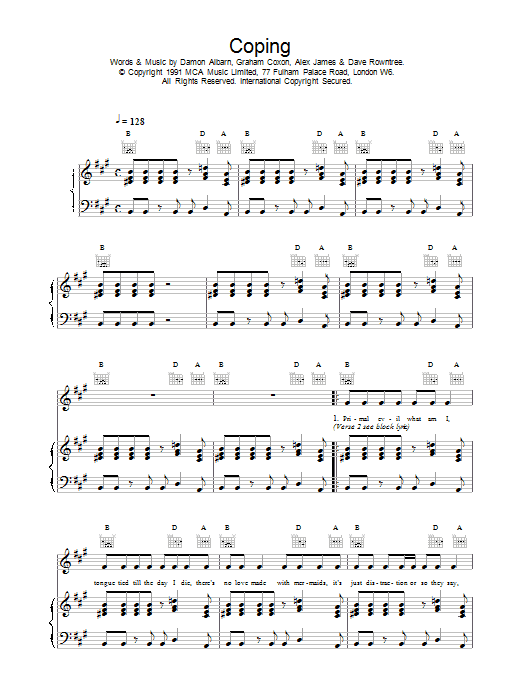 Blur Coping sheet music notes printable PDF score