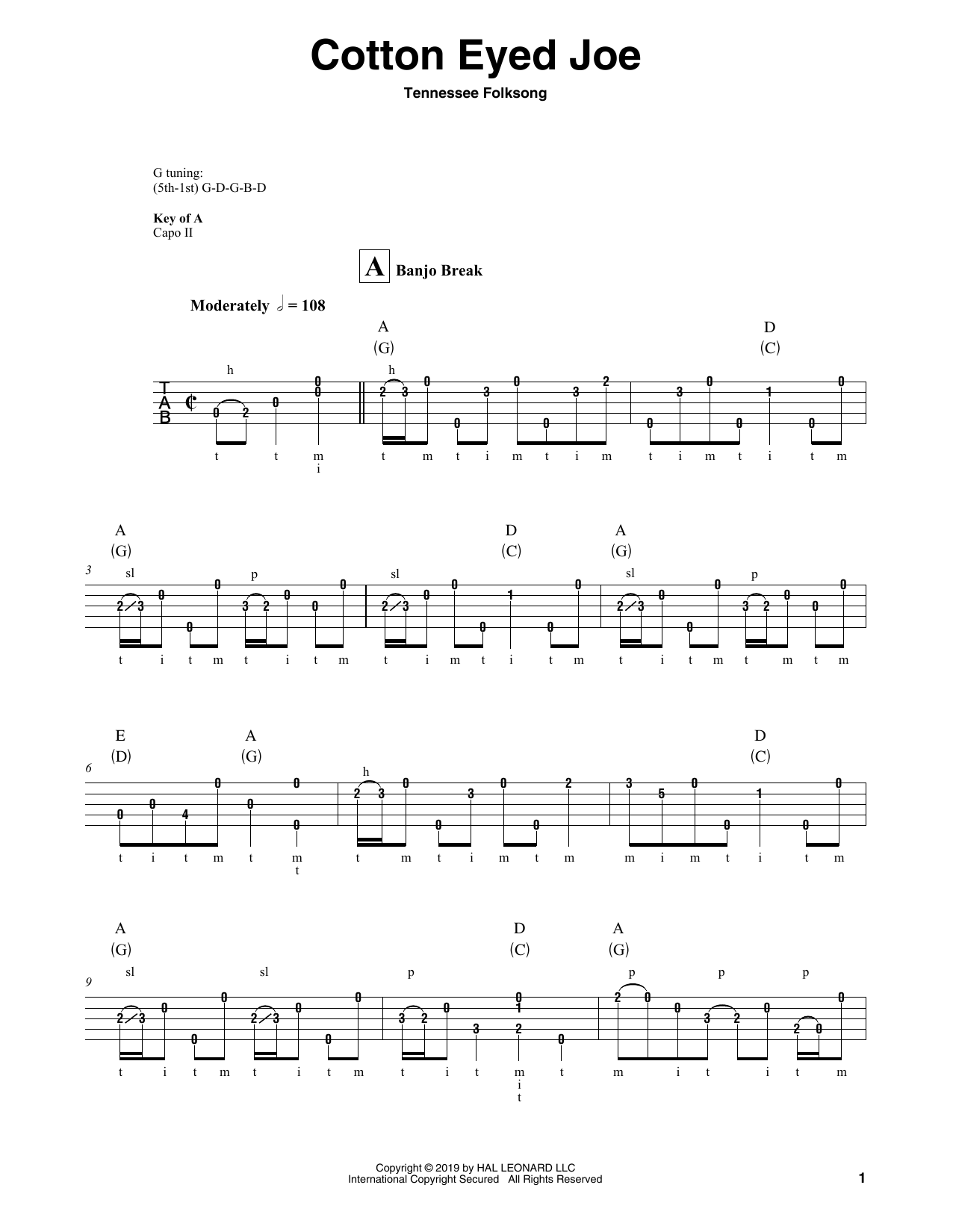 Download Tennessee Folksong Cotton Eyed Joe Sheet Music