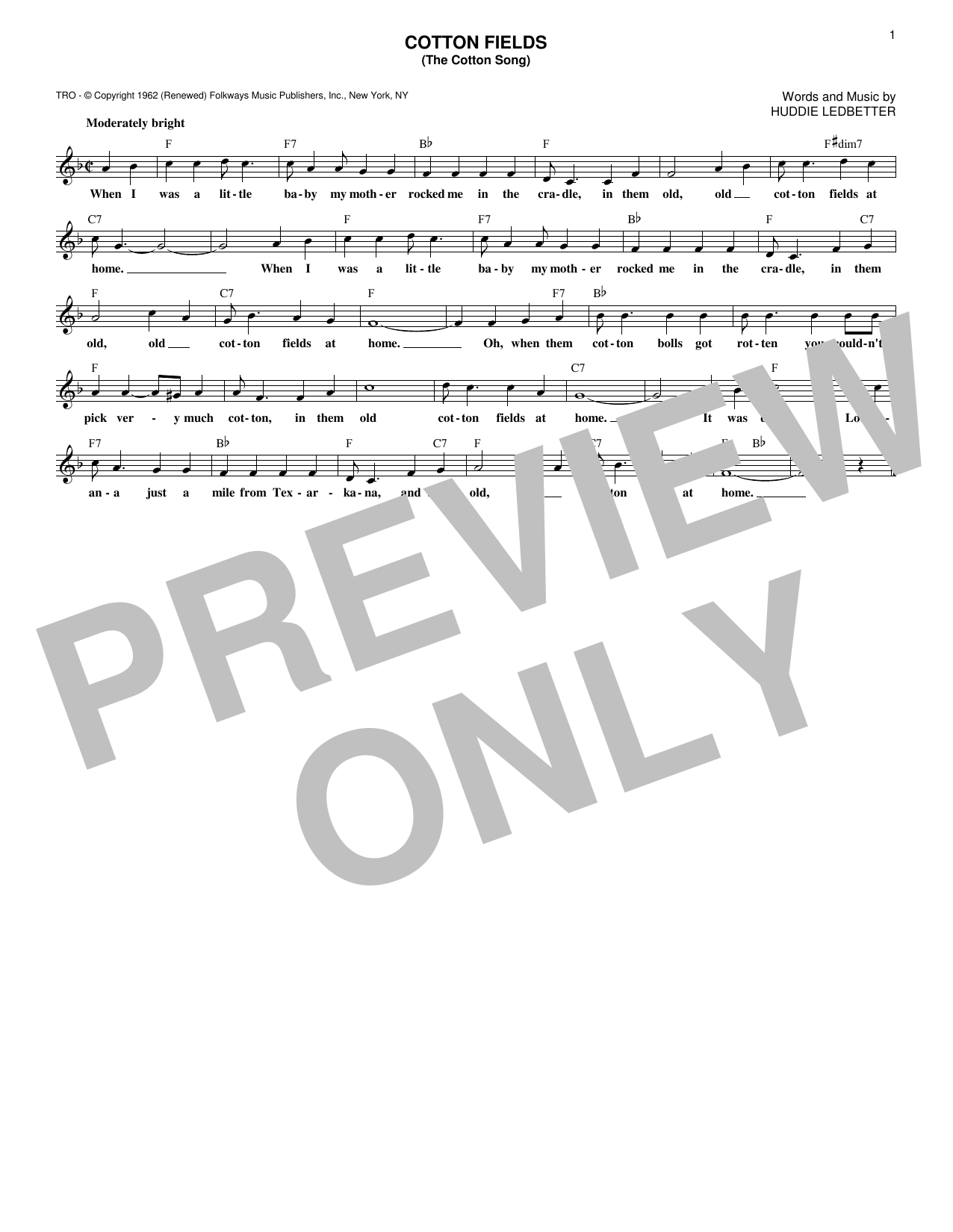 Download Creedence Clearwater Revival Cotton Fields (The Cotton Song) Sheet Music