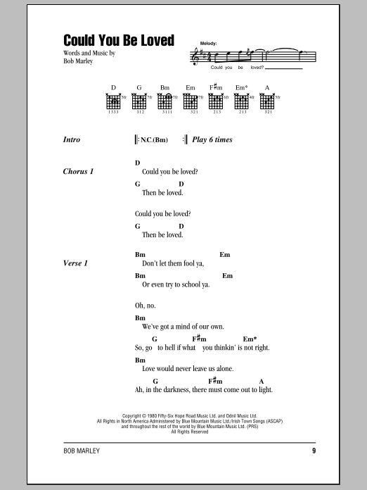 Download Bob Marley Could You Be Loved Sheet Music