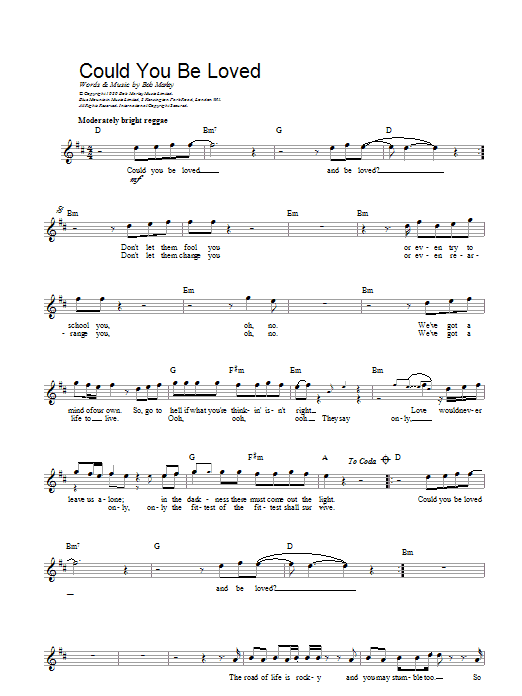 Bob Marley Could You Be Loved sheet music notes printable PDF score