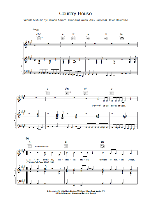 Blur Country House sheet music notes printable PDF score