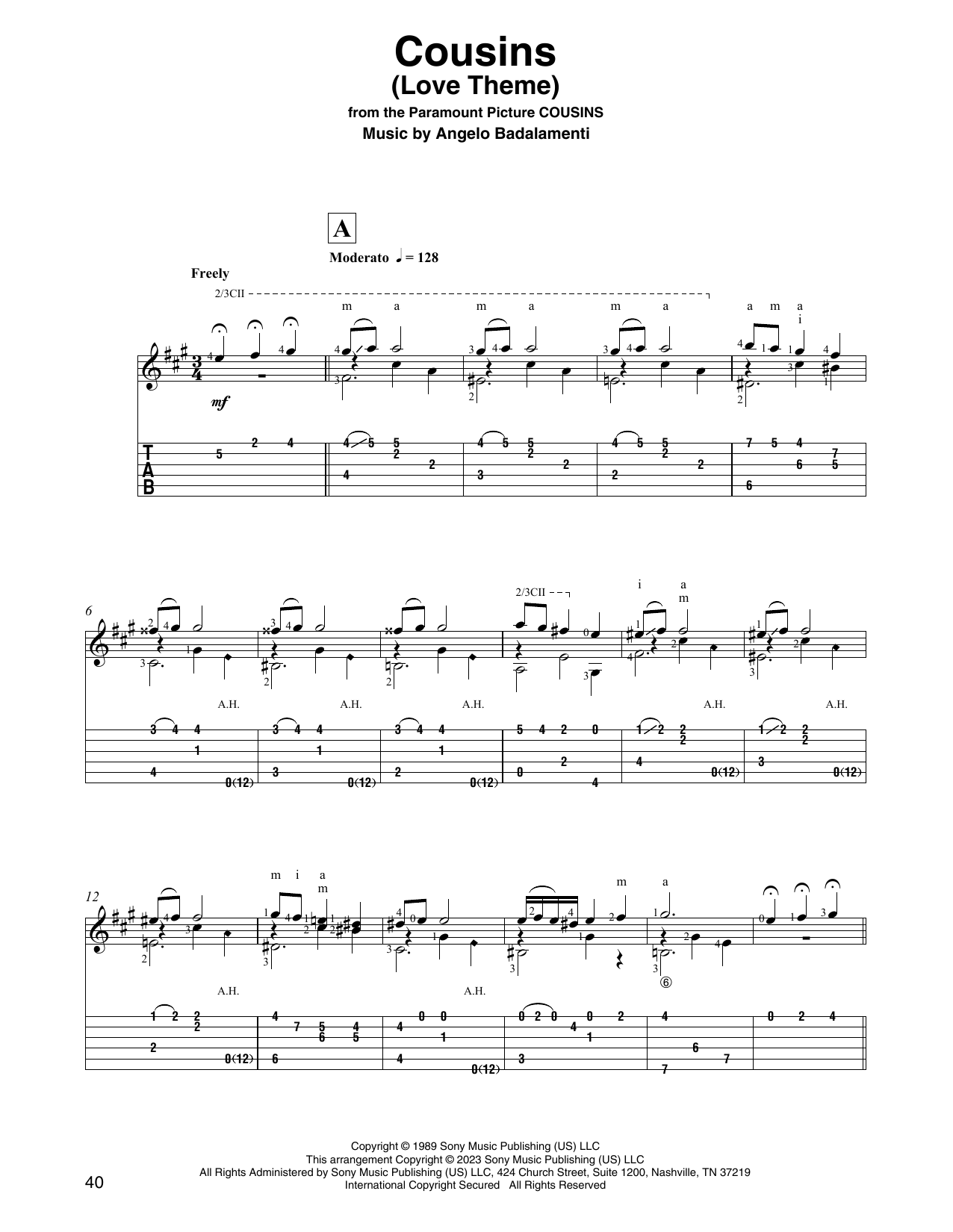 Angelo Badalamenti Cousins (Love Theme) (arr. David Jaggs) sheet music notes printable PDF score