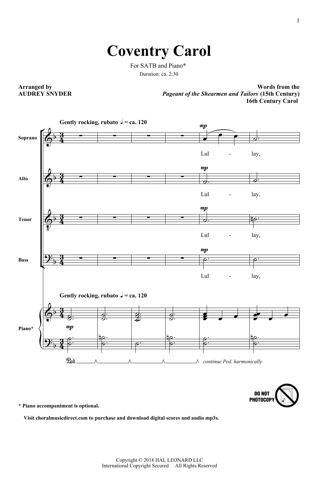 Download Audrey Snyder Coventry Carol Sheet Music