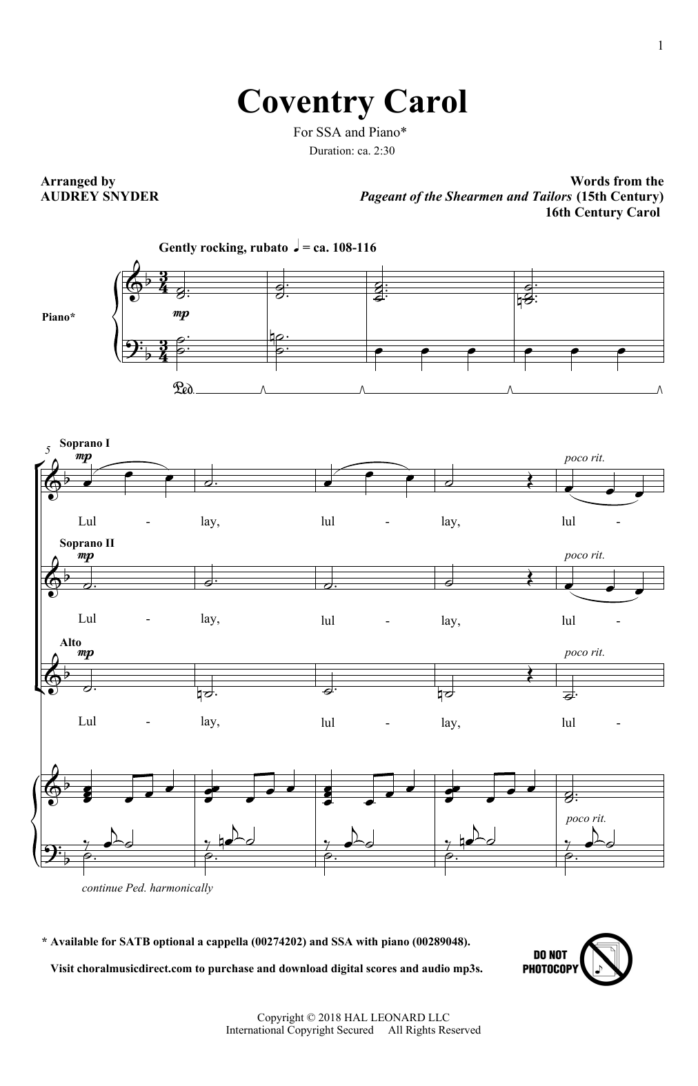 Download Audrey Snyder Coventry Carol Sheet Music