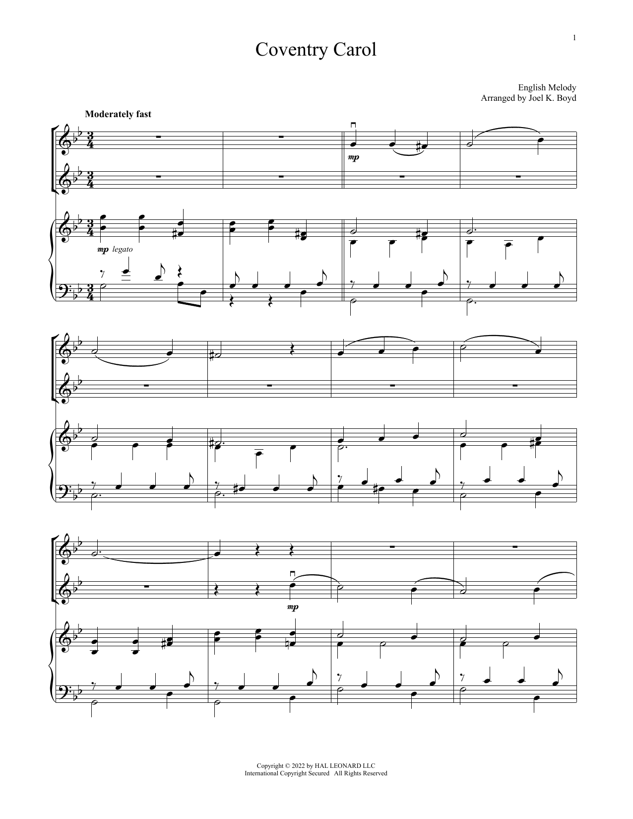Download Traditional Carol Coventry Carol (for Violin Duet and Pia Sheet Music