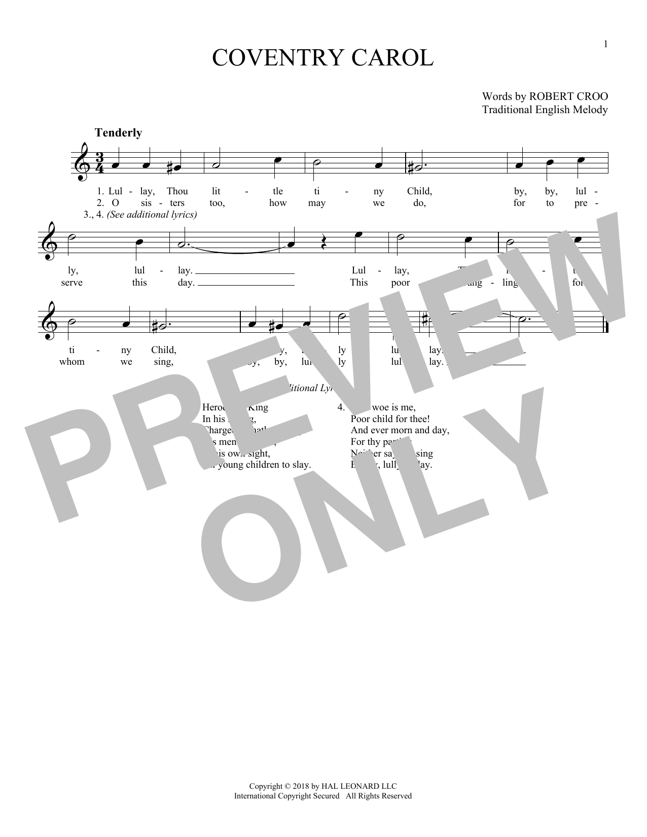 Download Traditional English Melody Coventry Carol Sheet Music
