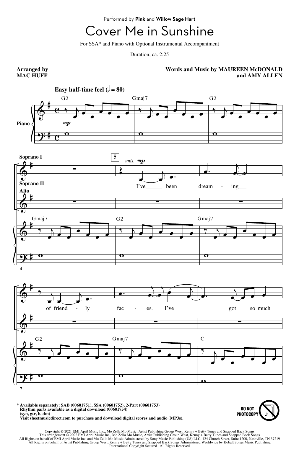 Download P!nk & Willow Sage Hart Cover Me In Sunshine (arr. Mac Huff) Sheet Music