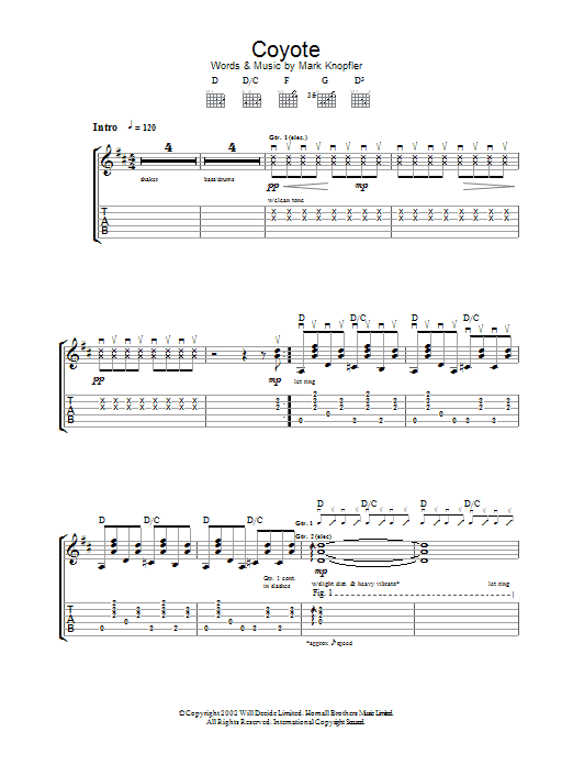 Mark Knopfler Coyote sheet music notes printable PDF score