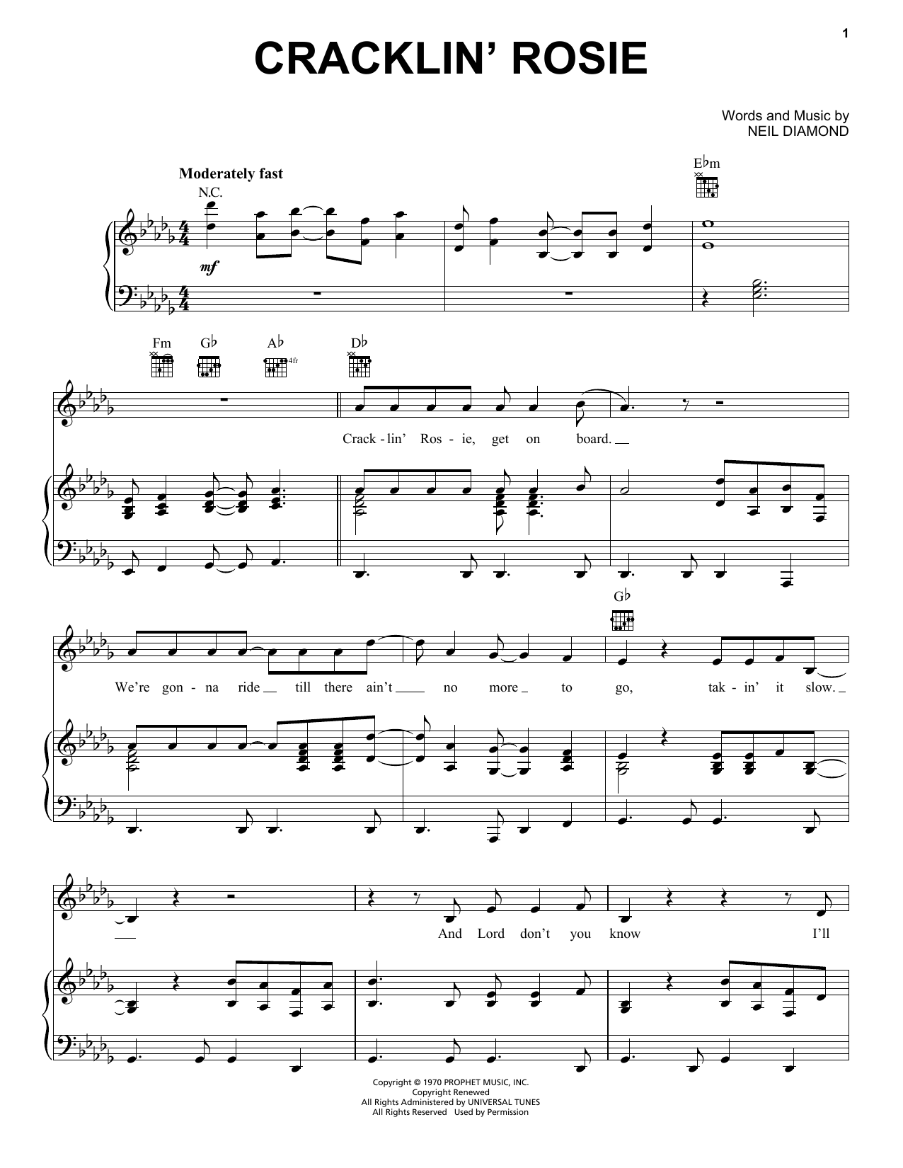 Neil Diamond Cracklin' Rosie sheet music notes printable PDF score