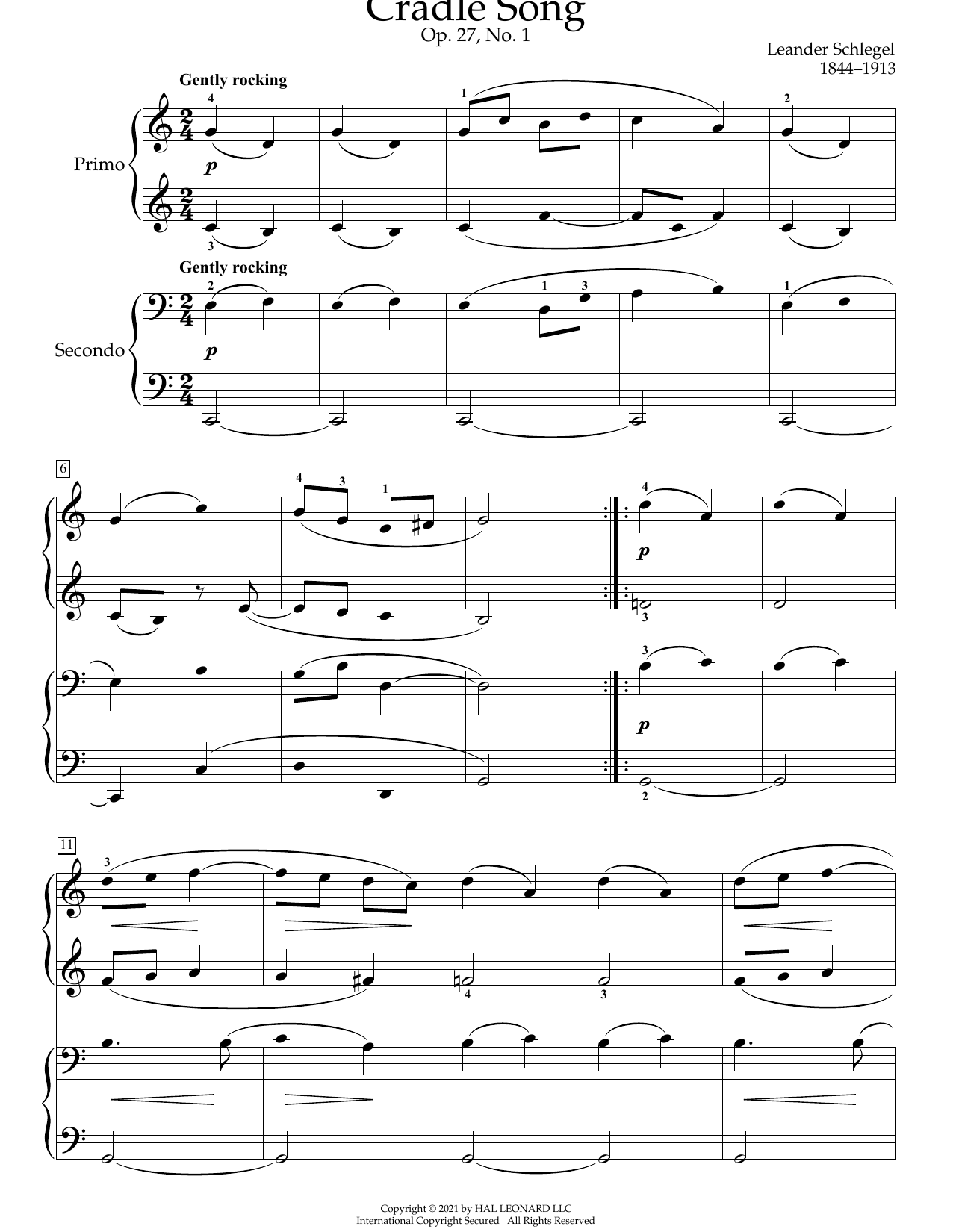 Download Leander Schlegel Cradle Song, Op. 27, No. 1 Sheet Music