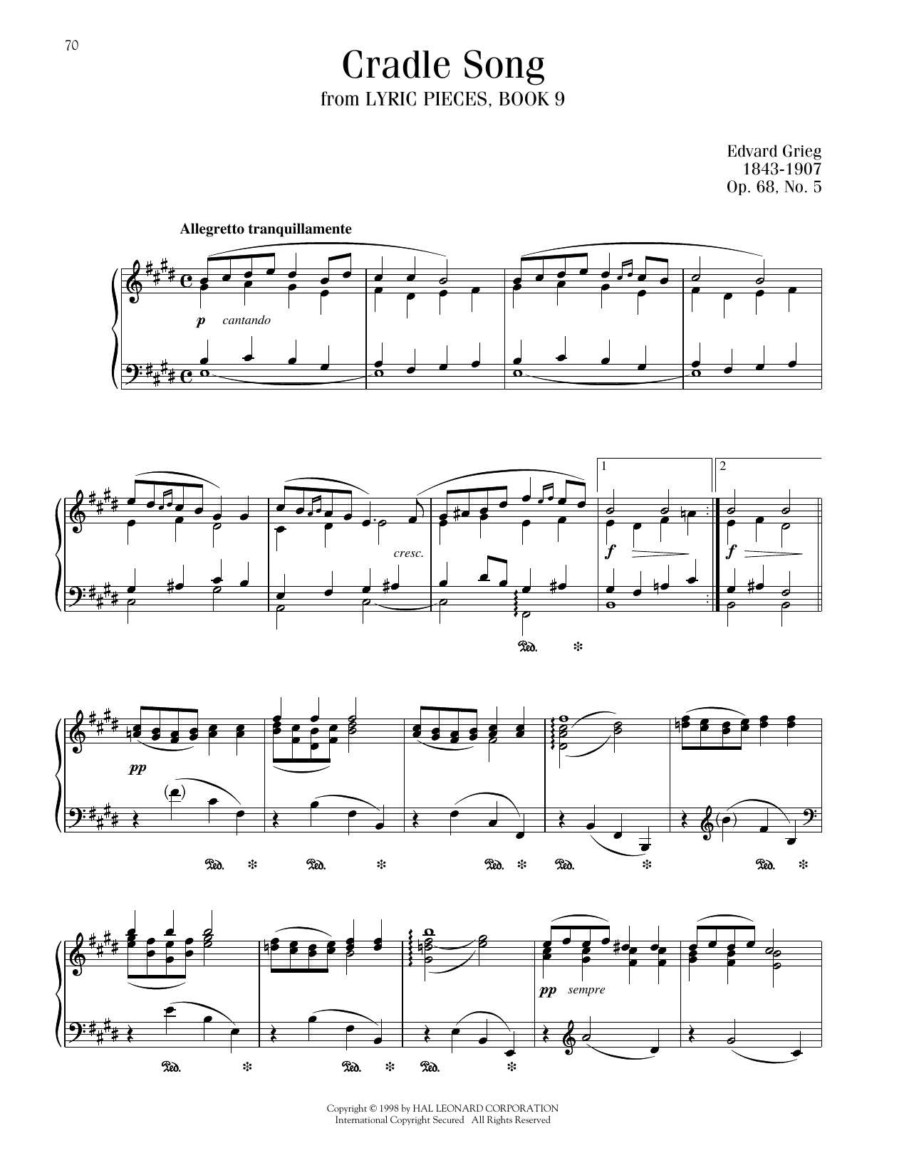 Edvard Grieg Cradle Song, Op. 68, No. 5 sheet music notes printable PDF score