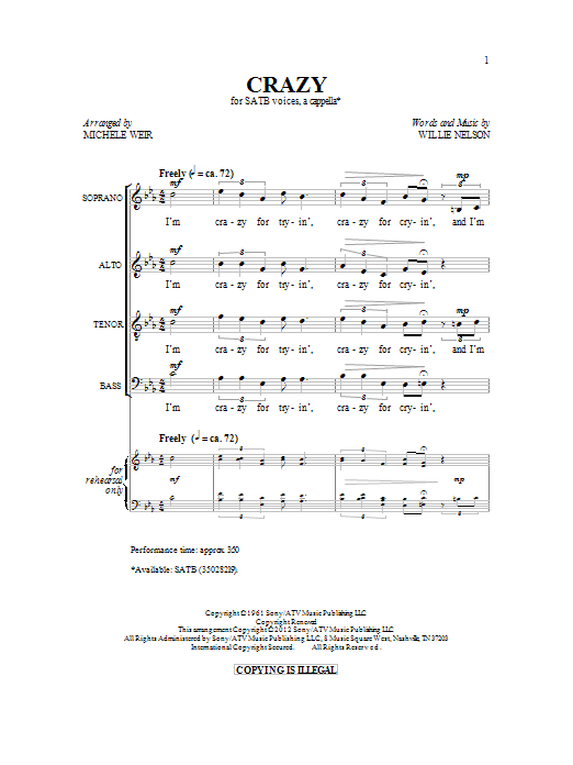 Download Patsy Cline Crazy (arr. Michelle Weir) Sheet Music