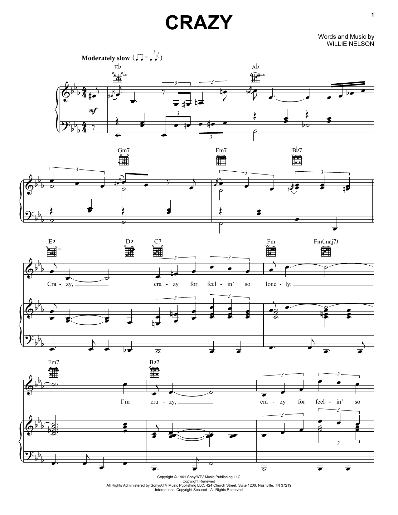 Patsy Cline Crazy sheet music notes printable PDF score