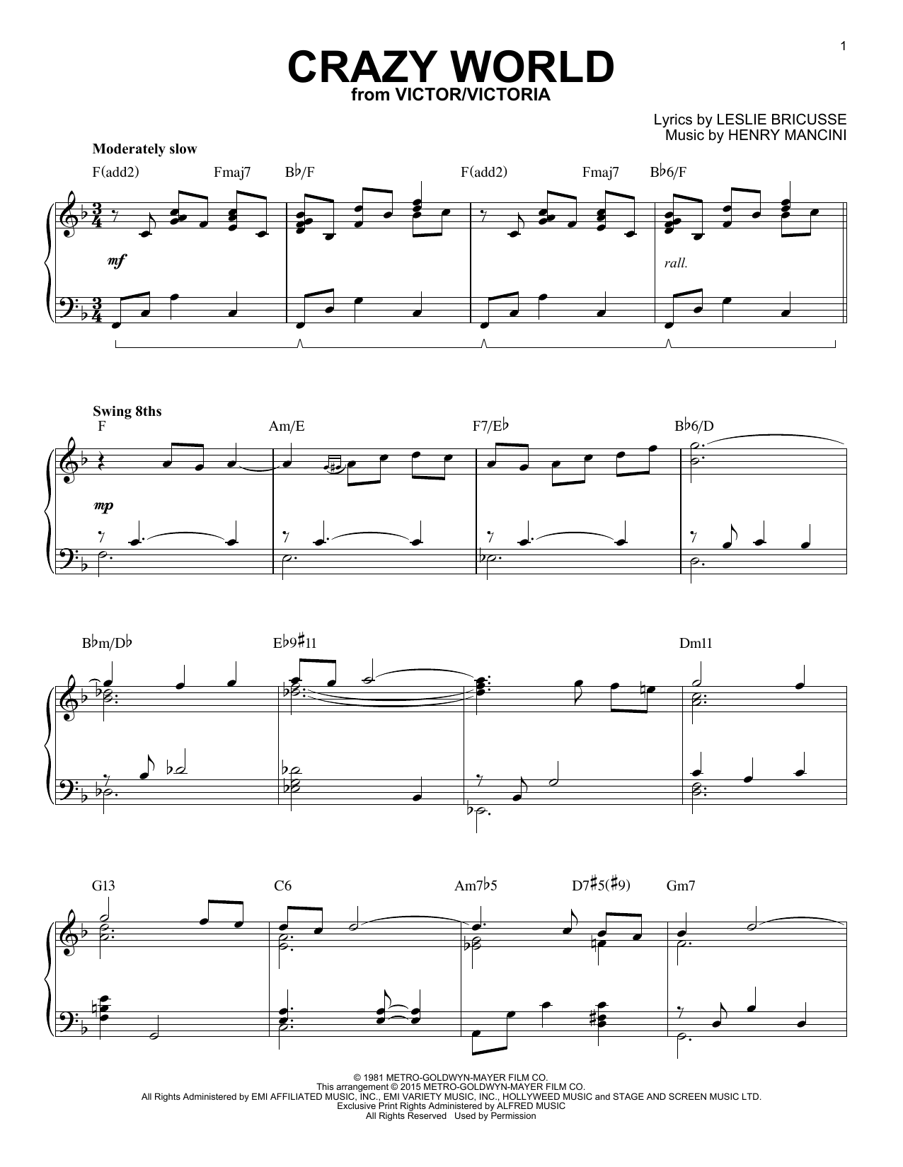 Download Henry Mancini Crazy World [Jazz version] (arr. Brent Sheet Music