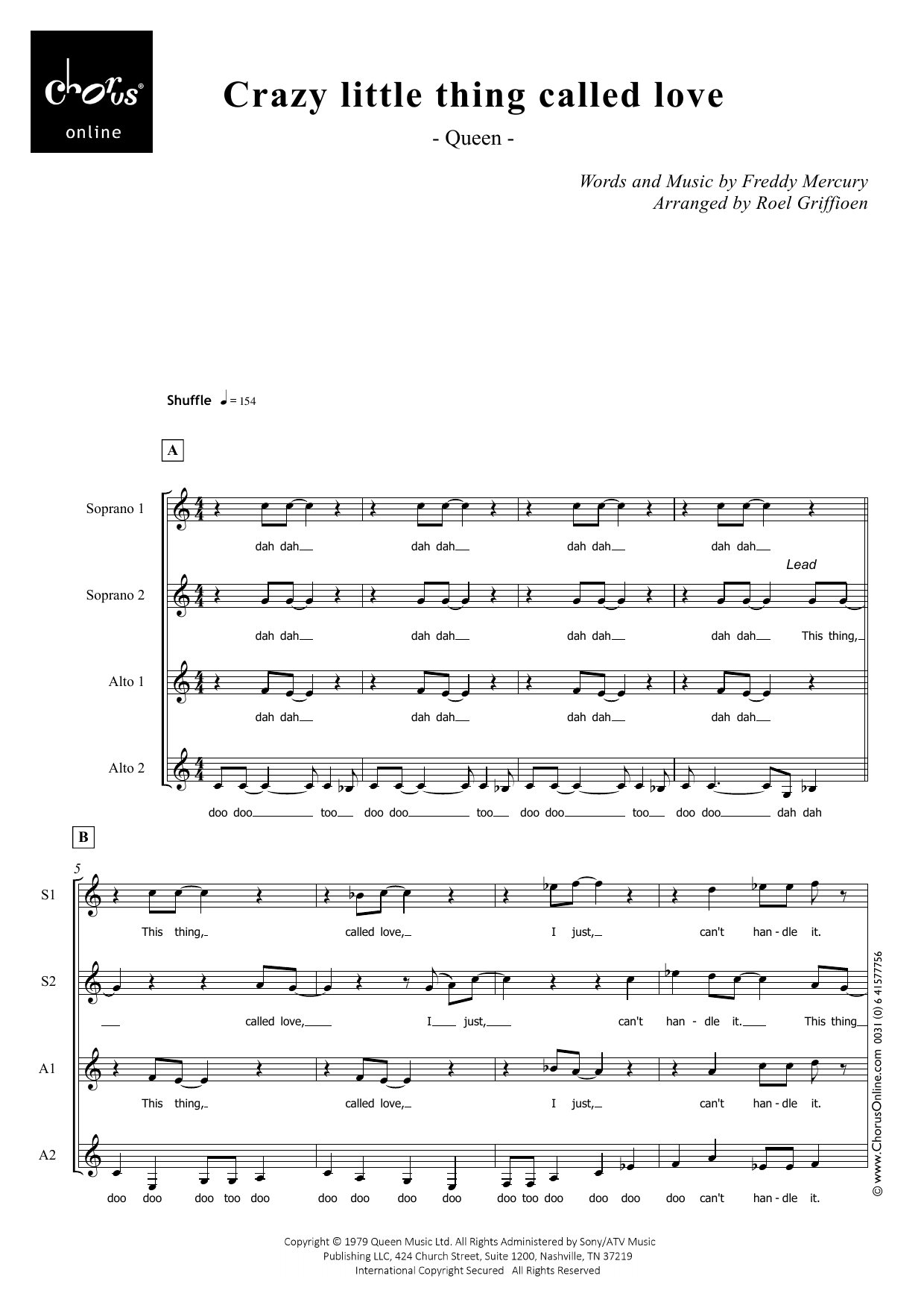 Queen Crazy Little Thing Called Love (arr. Roel Griffioen) sheet music notes printable PDF score