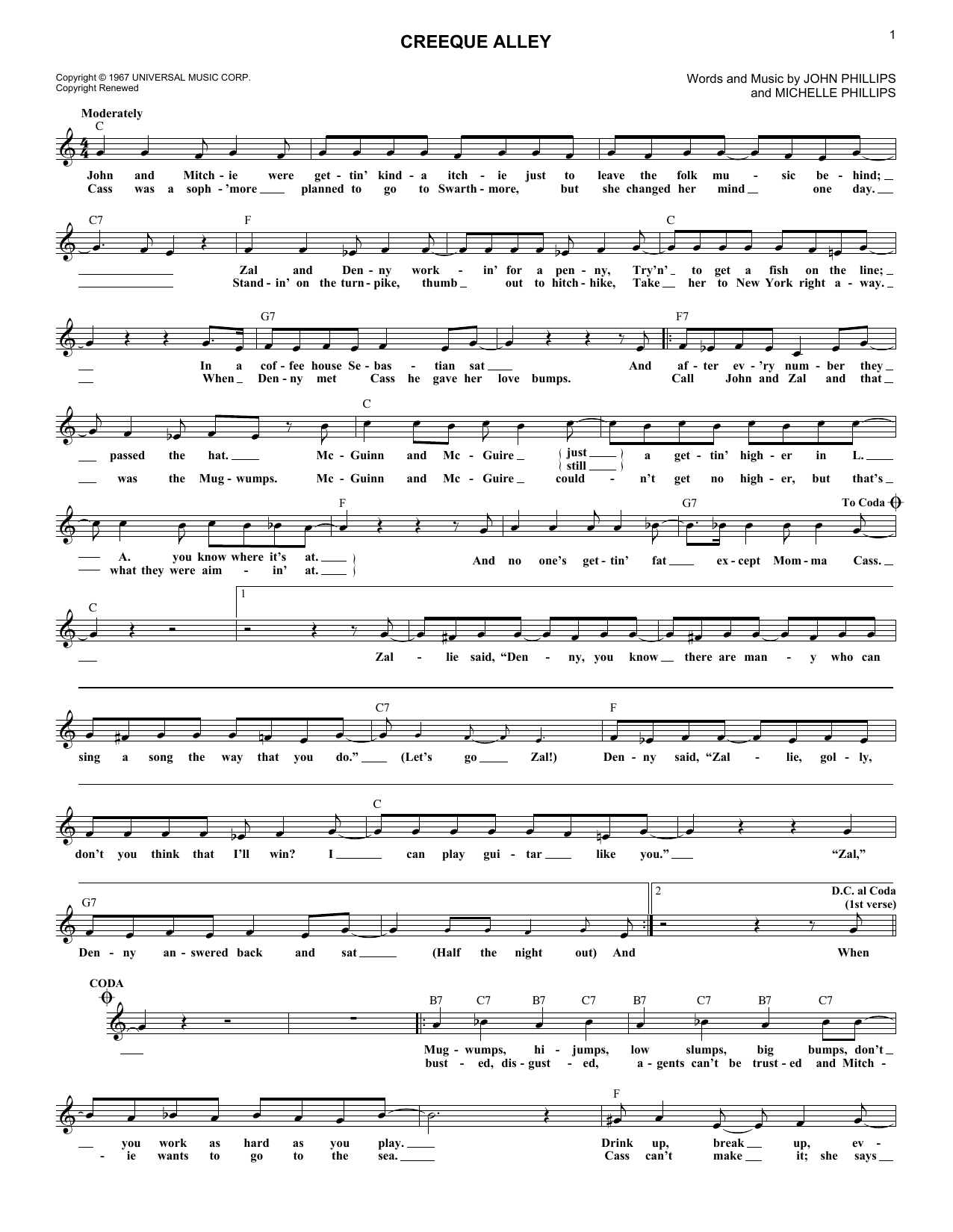 Download The Mamas & The Papas Creeque Alley Sheet Music