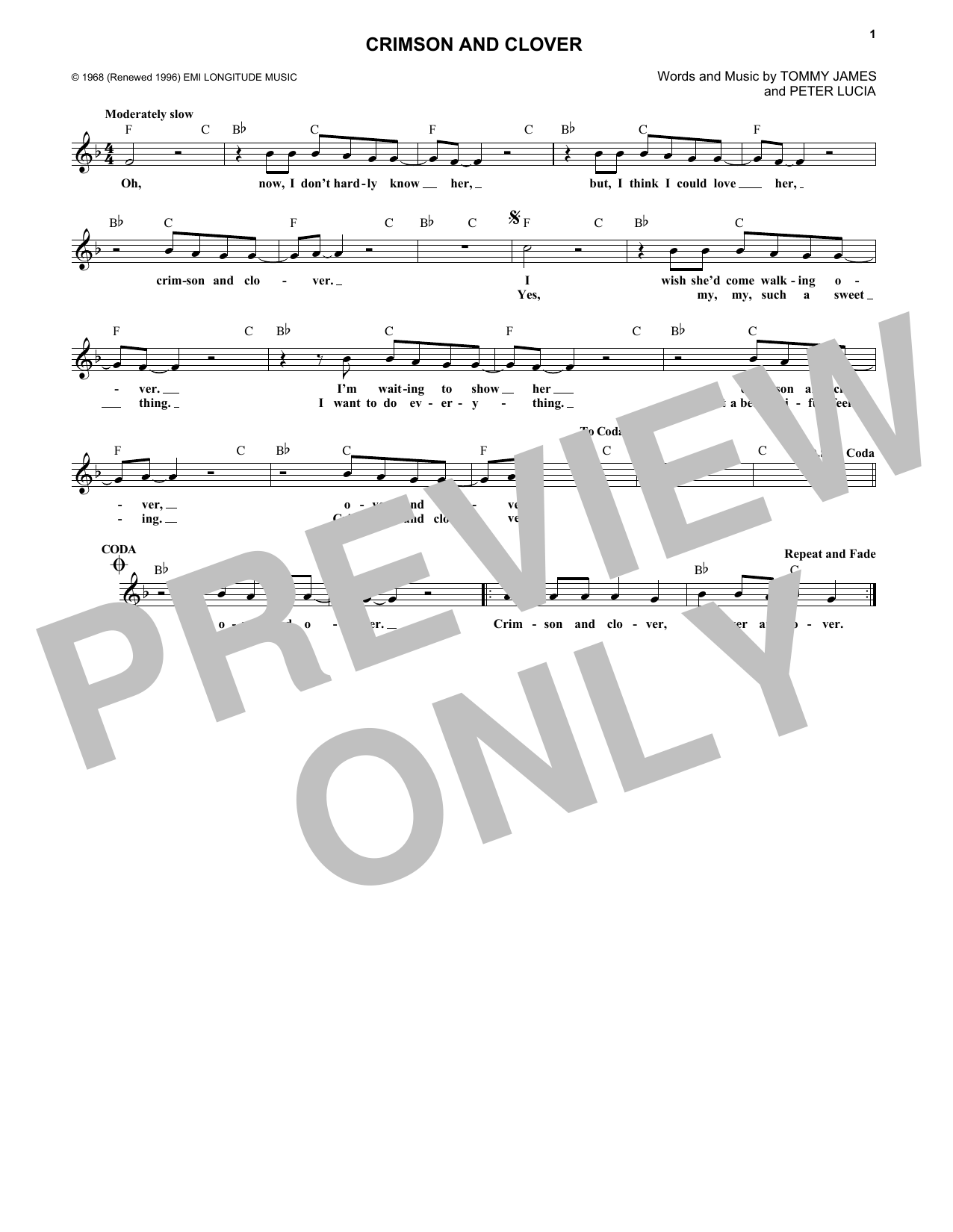 Download Tommy James & The Shondells Crimson And Clover Sheet Music