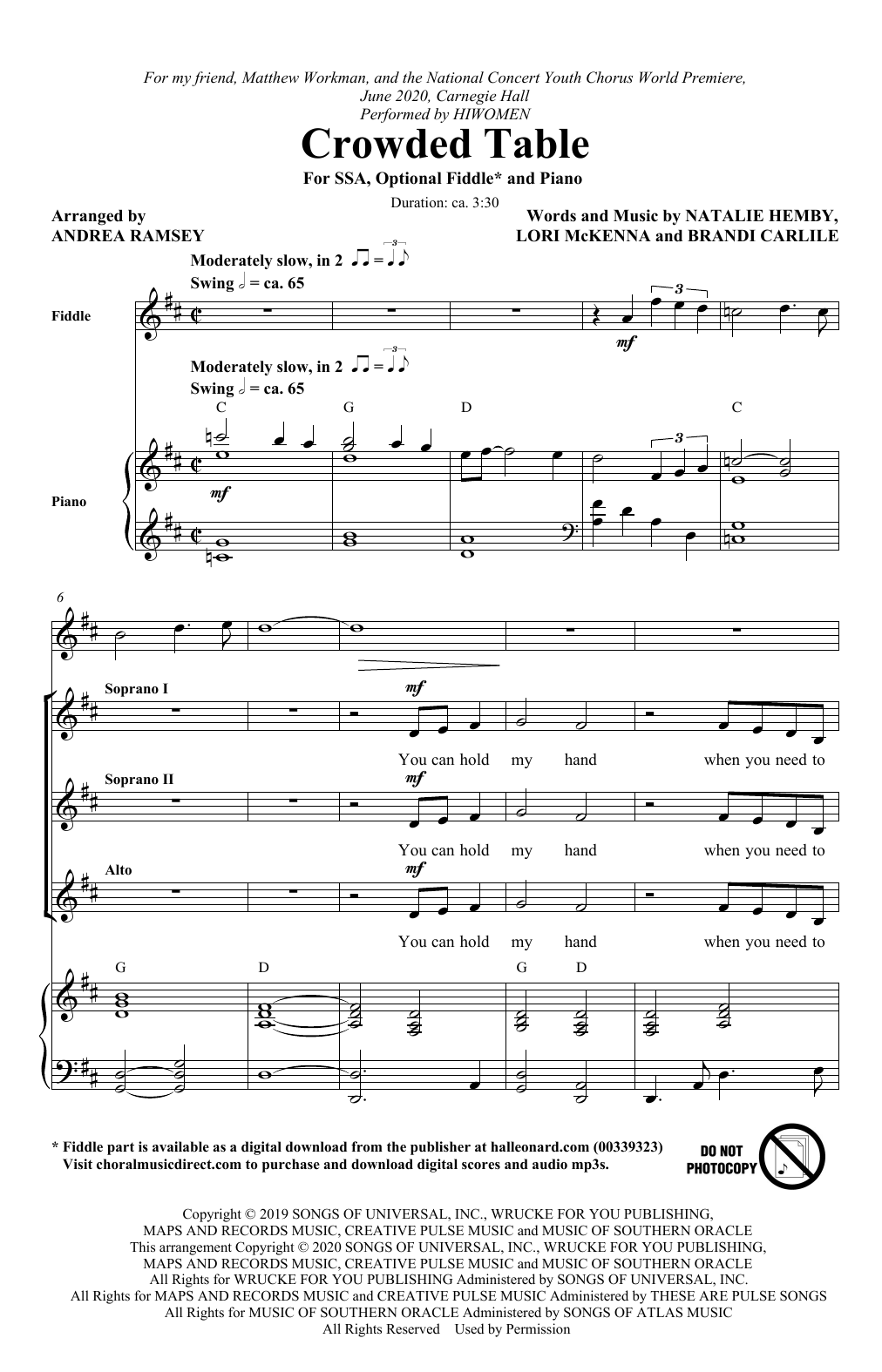 Download The Highwomen Crowded Table (arr. Andrea Ramsey) Sheet Music