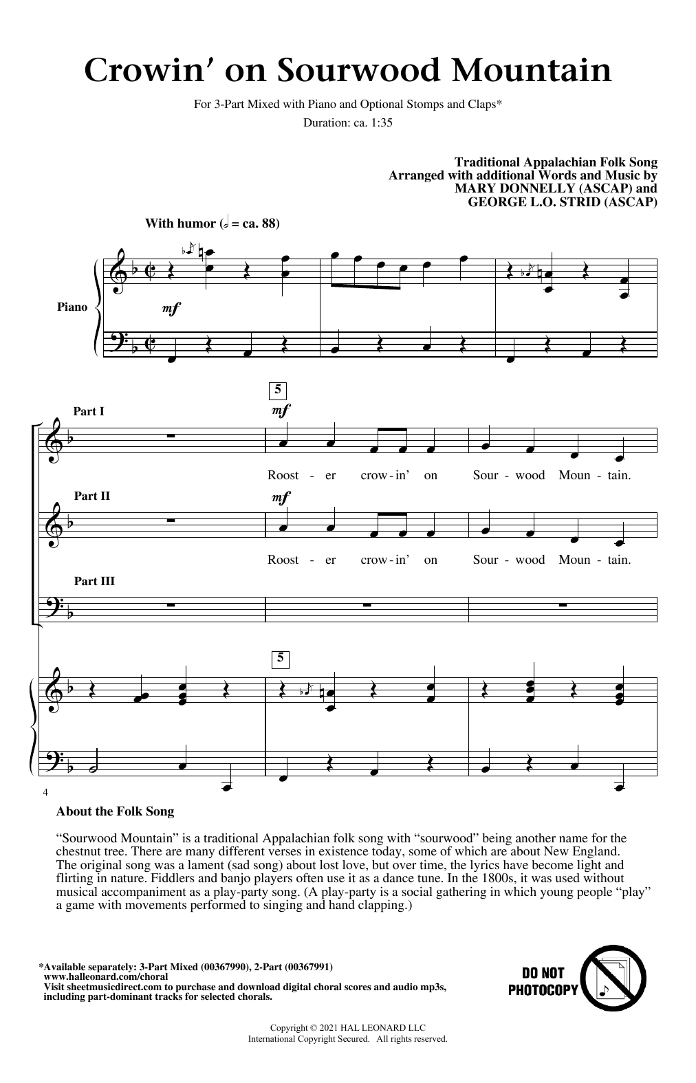 Download Traditional Appalachian Folk Song Crowin' On Sourwood Mountain (arr. Mary Sheet Music