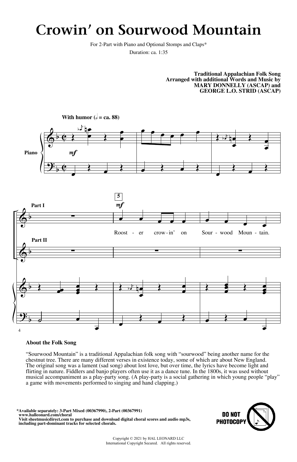 Download Traditional Appalachian Folk Song Crowin' On Sourwood Mountain (arr. Mary Sheet Music