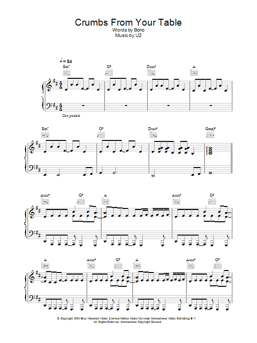 U2 Crumbs From Your Table sheet music notes printable PDF score