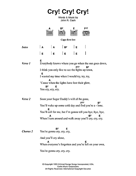 Download Johnny Cash Cry! Cry! Cry! Sheet Music
