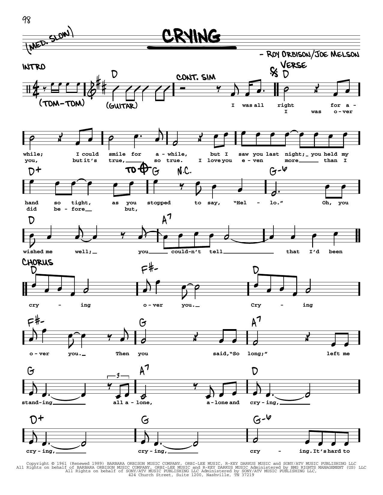 Download Roy Orbison Crying Sheet Music