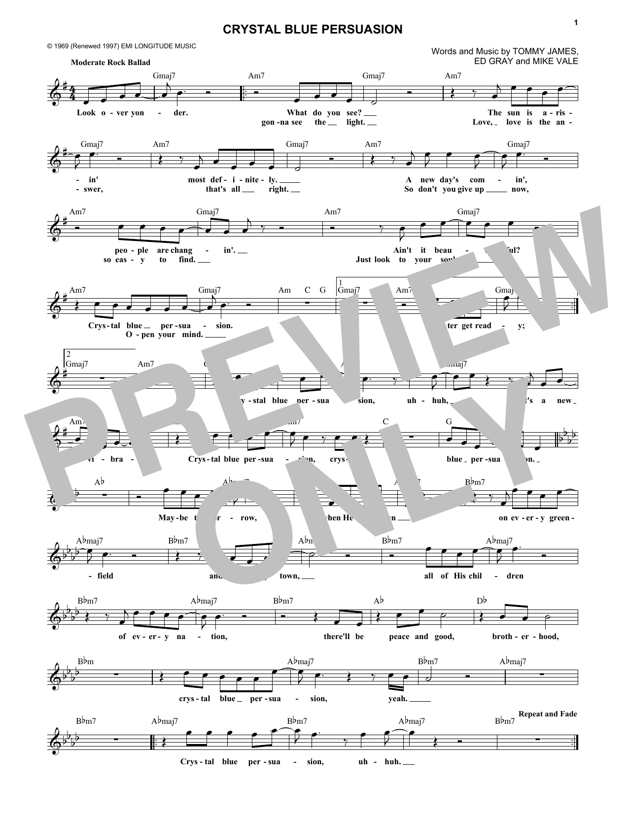Download Tommy James & The Shondells Crystal Blue Persuasion Sheet Music