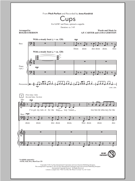 Download Anna Kendrick Cups (from Pitch Perfect) (arr. Roger E Sheet Music