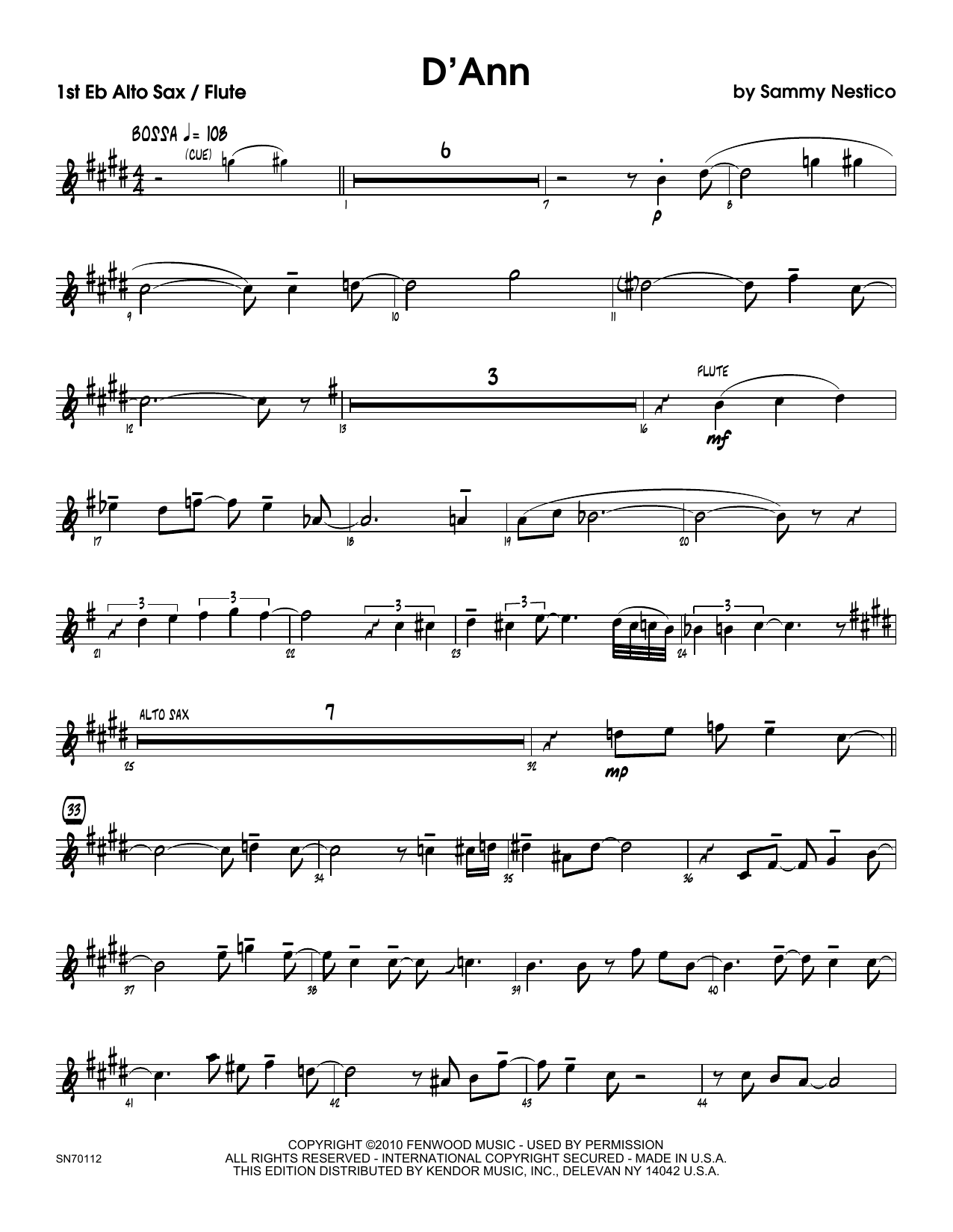 Download Sammy Nestico D'Ann - 1st Eb Alto Saxophone Sheet Music